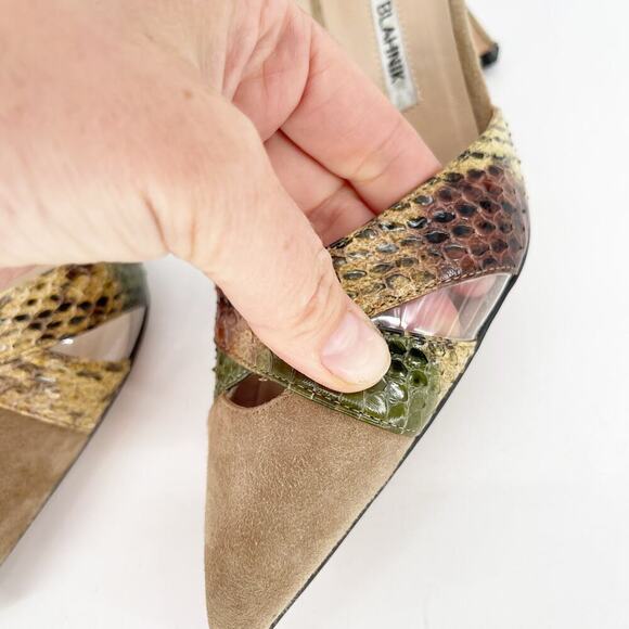 Manolo Blahnik Tan Suede Snakeskin PVC Cutout Pointed Toe D'Orsay Heel IT 36 - Picture 8 of 11